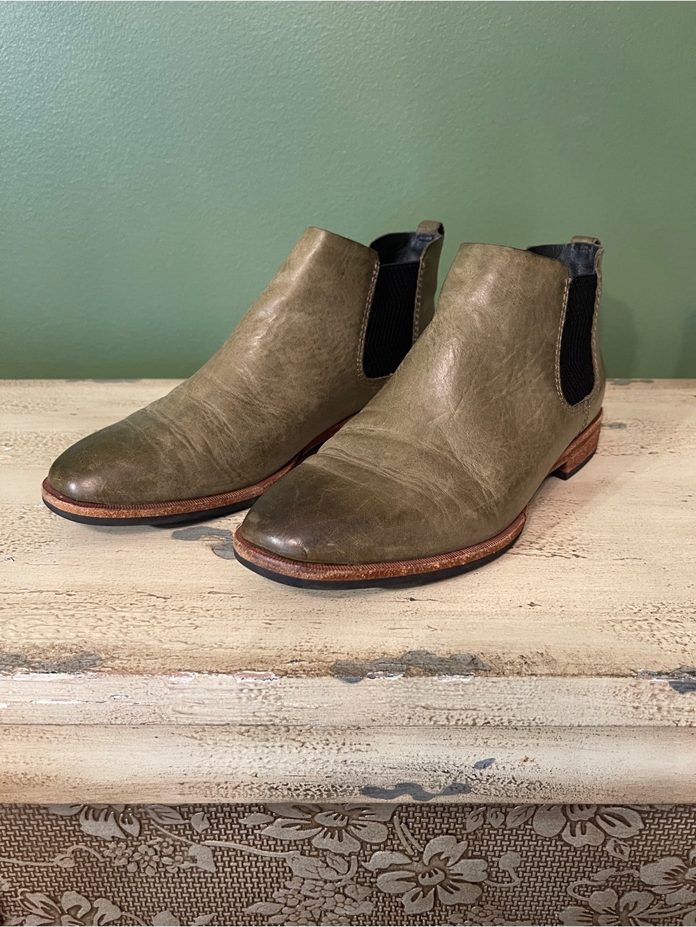 Kork-Ease Olive Green Leather Chelsea Booties